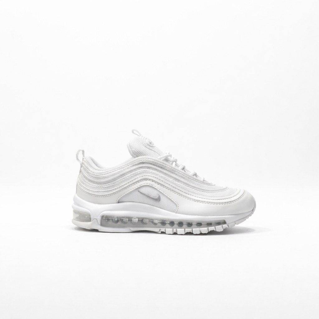 Nike Air Max 97 sneaker in the "Triple White" or "White/Wolf Grey