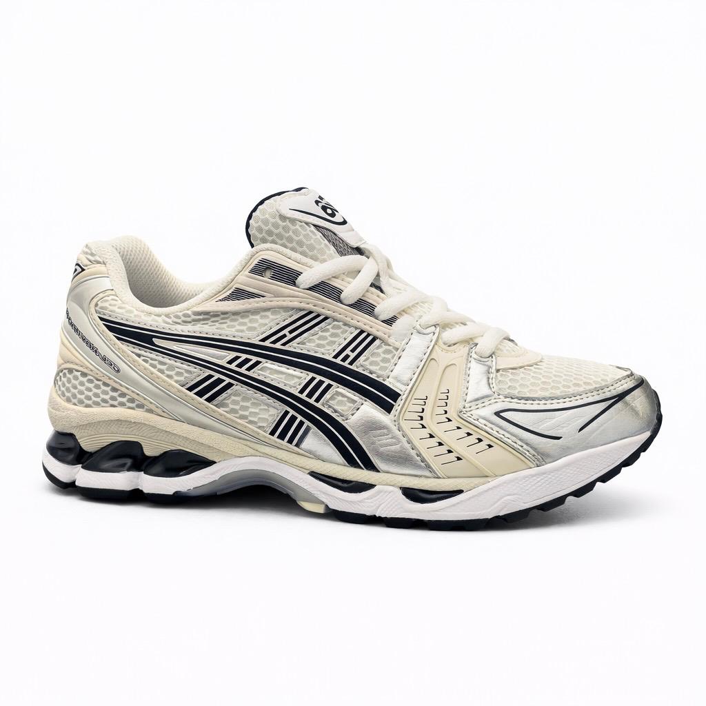 Asics Gel-Kayano 14 running shoe in the white and midnight