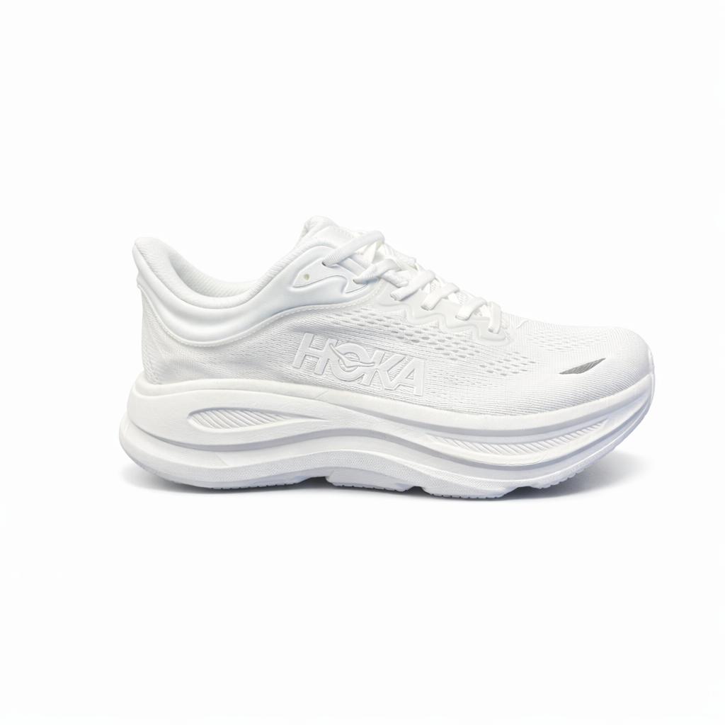 Hoka Bondi 9 running shoes in a white colorway.