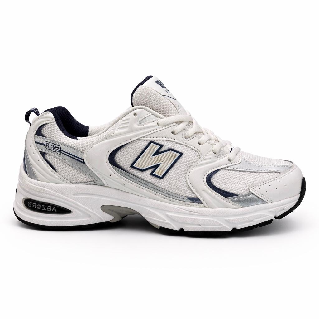 New Balance 530 sneaker in white with silver and navy blue accents